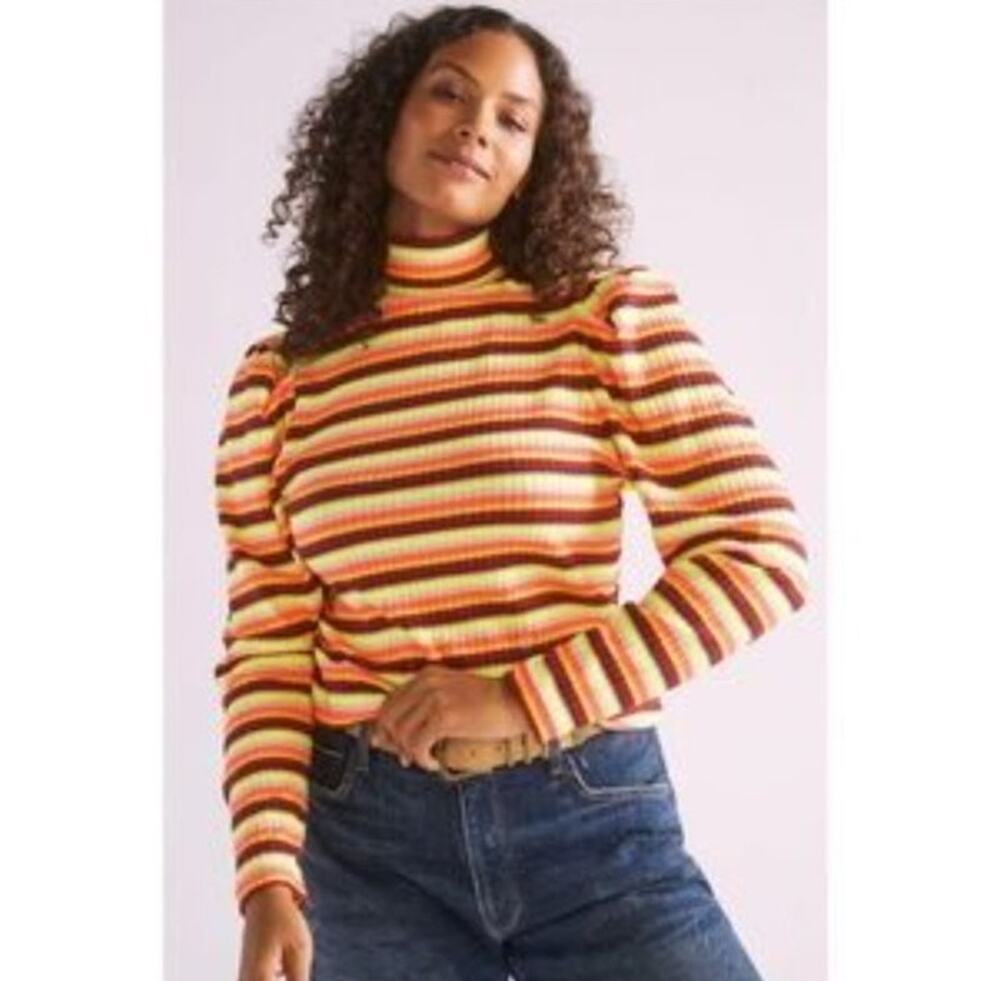 Anthropologie Maeve Striped Puff Sleeve Turtleneck Size S